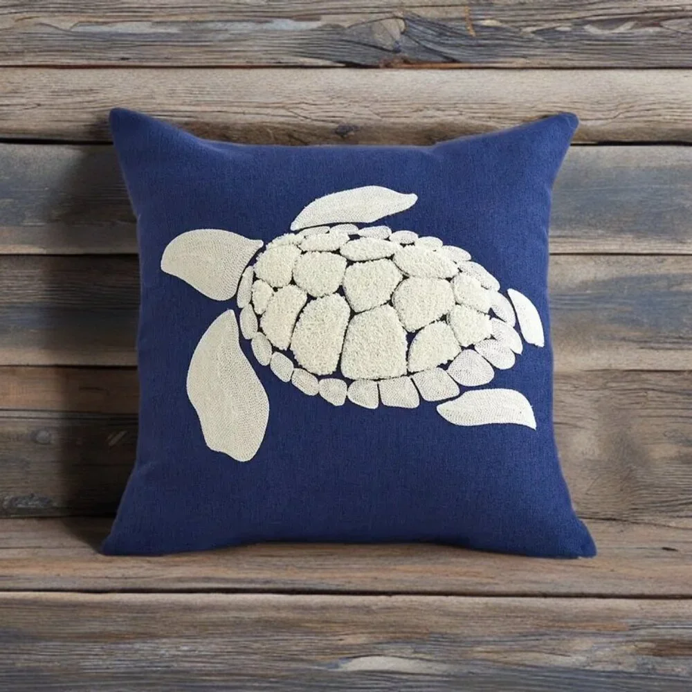 Decorative Throw Pillow Cover Nautical Sea Turtle Embroidered Case Beach Decor - Picture 3 of 11